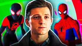 Tom Holland as Peter Parker, Miles Morales and Spider-Man in animated Spider-Verse style