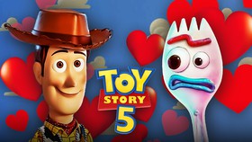 Woody, Forky, Toy Story 5 logo.