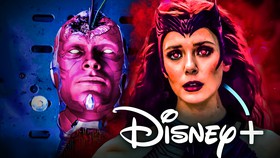 Wanda and Vision's head from WandaVision, Disney Plus logo