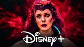 Wanda Maximoff in WandaVision, Disney Plus logo