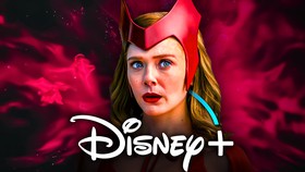 Wanda Maximoff in WandaVision, Disney+ logo