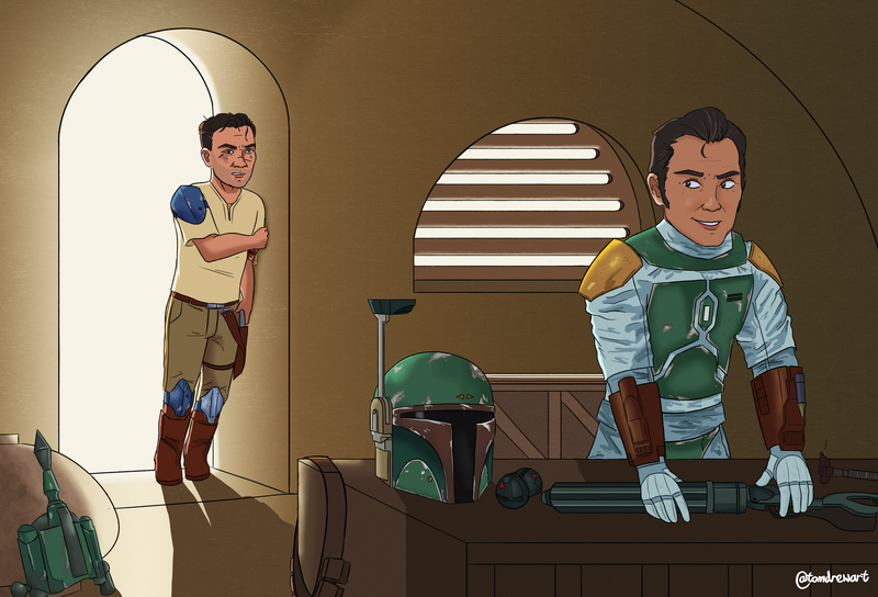 Boba Fett dishevelled, jetpack, Boba Fett's Helmet, Cobb Vanth wearing Boba Fett's armor