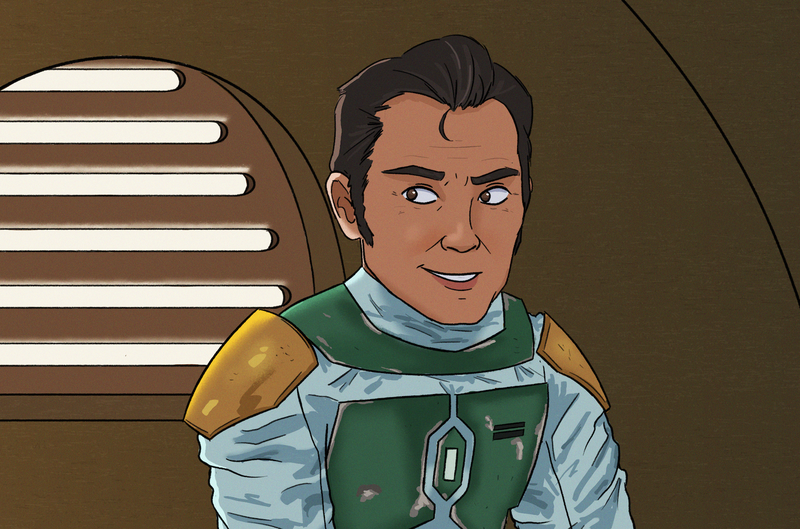 Cobb Vanth in Boba Fett's armor, looking smug