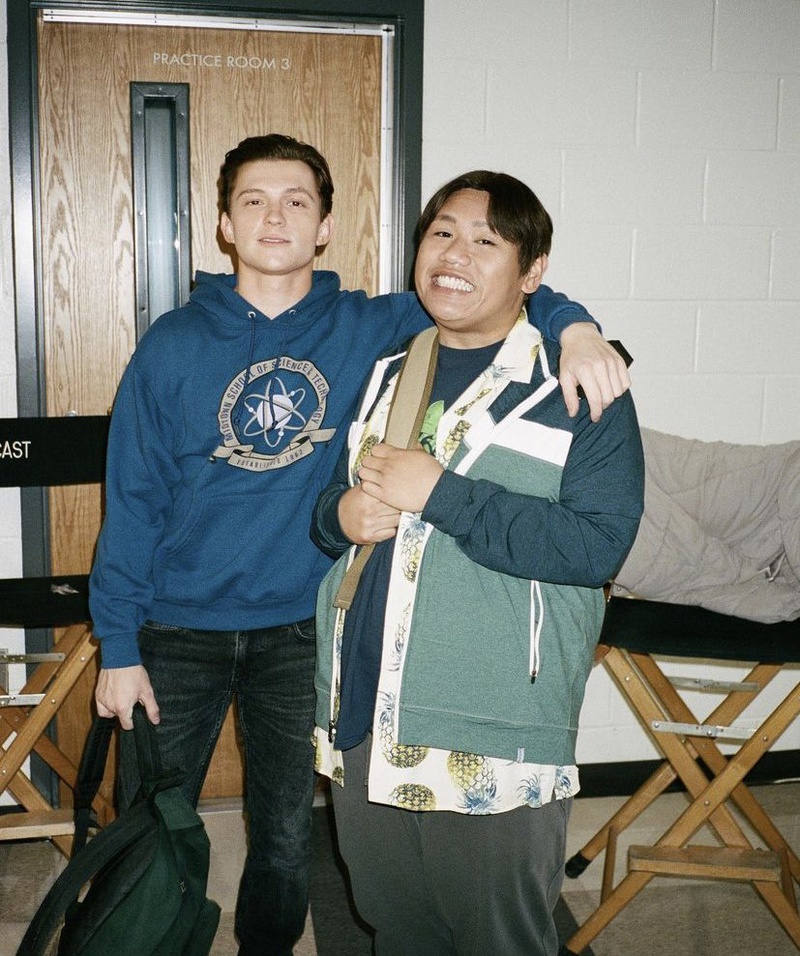 Jacob Batalon and Tom Holland on the set of Spider-Man: No Way Home