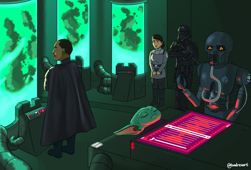 Moff Gideon inspecting cloning chambers, Baby Yoda AKA The Child on a table, Medical Droid, Cloning Officer and Death Trooper all in a bunker