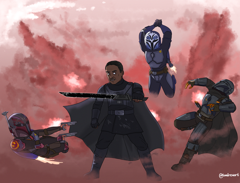 Sabine Wren, Moff Gideon, Bo Katan and Din Djarin fight on a smoky planet