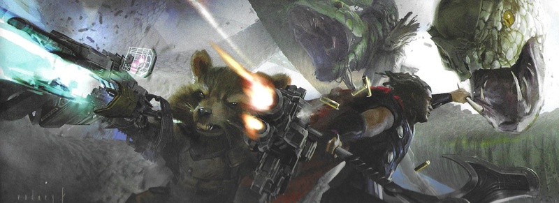 Rocket Raccoon with guns, Thor, The World Serpent, Groot holding a serpent head