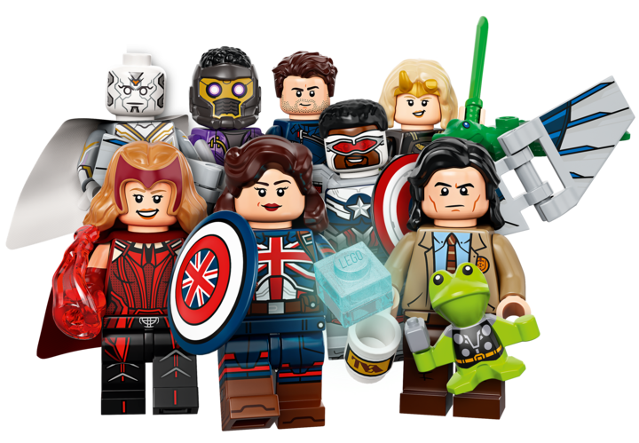 EGO minifigures featuring MCU Disney+ characters from WandaVision, The Falcon and the Winter Soldier, Loki, and What If...?